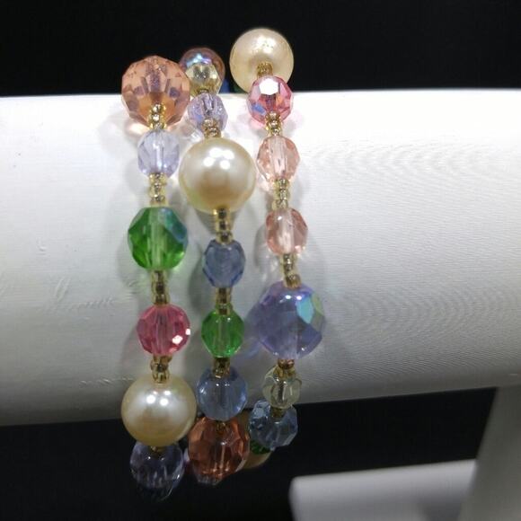 Vintage Beaded Crystal Bracelet, 3 Strands, Graziano Pastel Crystal Beads, 8 In. - Picture 4 of 11